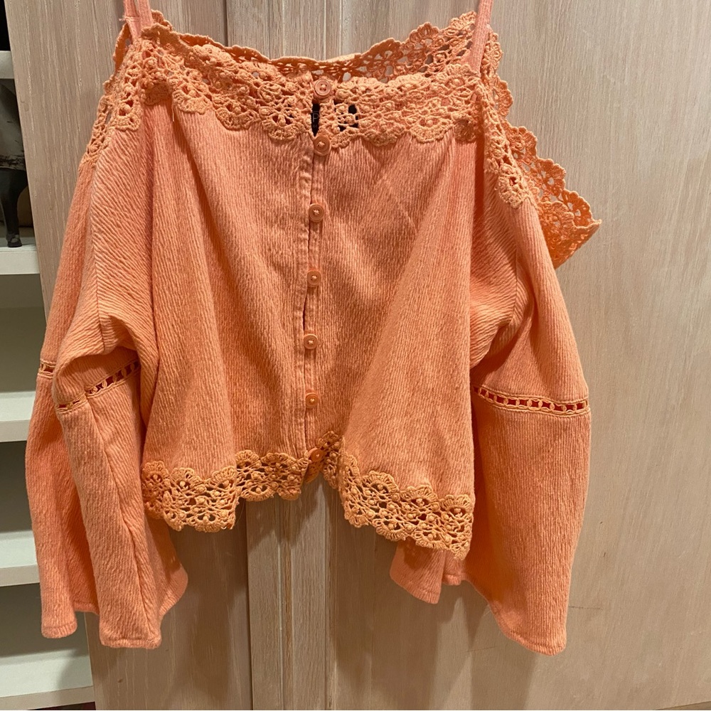 Off should button down crop top with lantern sleeves